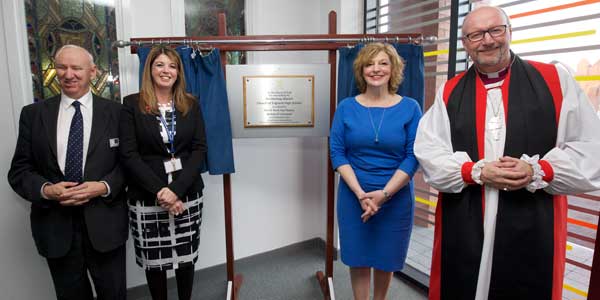 Frank McFarlane (chair of governors), Heather Duggan (headteacher) Cllr Anne O’Byrne and Bishop of Liverpool Paul Bayes