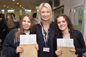 Macie, Mrs McCourt and Anna from St Julie's Catholic High School on GCSE results day