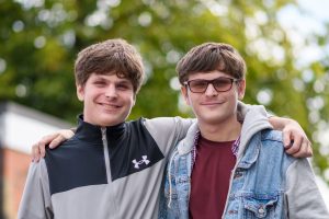 Twins Robert, left, and Aaron McNestry from St John Rigby who are off to Lancaster University together to study Chemistry and Engineering, respectively