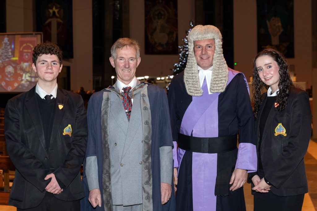 VIP guest His Honour Judge Paul Burns pictured with St. Mary’s Principal Mike Kennedy, Head Girl Olivia Newton and Head Boy Ellis James.