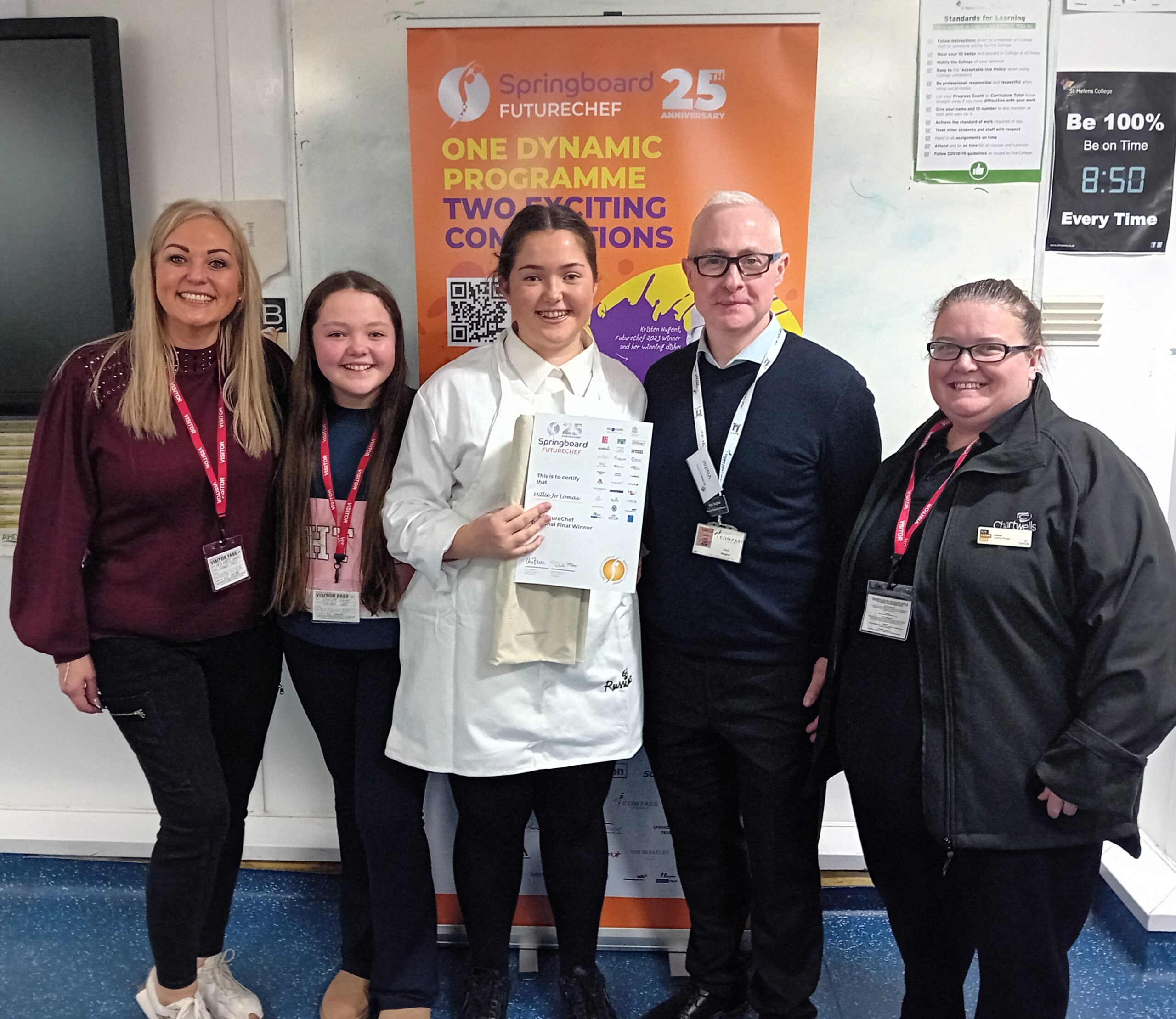 Millie Jo's mother and sister, Millie Jo, Nick Hughes (Regional Operations Manager, Chartwells) and Katie Hardy (Catering Manager, Poynton High School) at a cooking competition