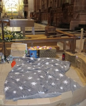 A bed made up for the sleepout in Liverpool Cathedral