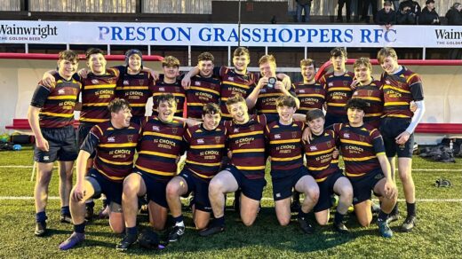 The St. Mary’s College First XV squad celebrate their success in the prestigious Lancashire Plate event.