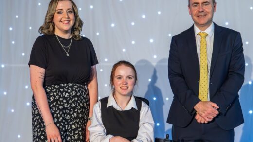 L-R Helen Maw, deputy head girl Evie, headteacher Darren Gidman